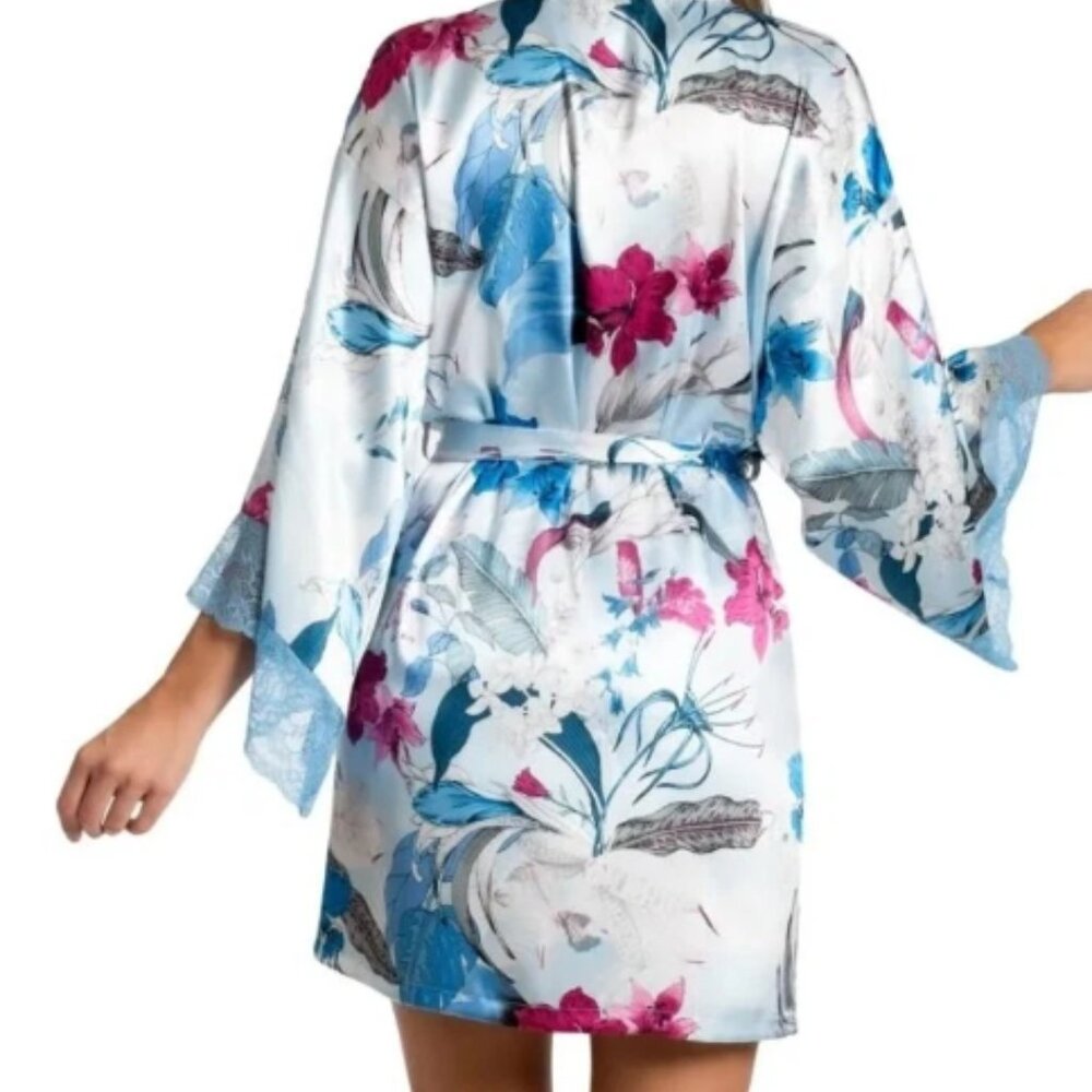 Linea Donatella Ayanna Satin Lace-Trim Robe Blue Floral NWT Sz L/XL - Picture 3 of 7